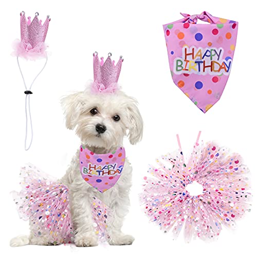 HACRAHO Dog Birthday Party Supplies, 3 PCS Dog Birthday Bandana with Hat and Dress Girl Set Happy Birthday Dog Bandana for Small Medium Dogs, Pink