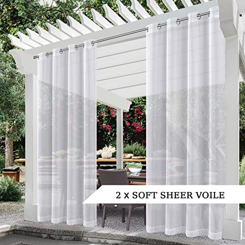 Voday (2 Panels) Waterproof Outdoor White Sheer Curtains 54X84 Inch For Patio - Rustproof Grommet Privacy Curtains With Free Tieback Rope - Light Filtering Voile Drapes For Indoor, Pergola, Porch #TOP2