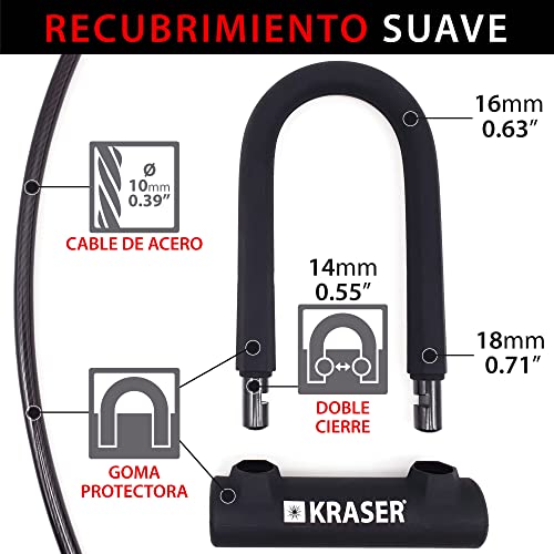 KRASER KR65145B Candado Bicicleta U, Alta Resistencia, Compacto + Cable 120cm Más Seguro y Páctico, Horquilla ø16 Acero de Doble Bloqueo, Soporte Fácil Transporte, Antirrobo Universal Bici Patinete - imagen 7
