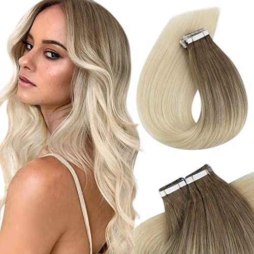 VeSunny Tape in Hair Extensions Real Human Hair Ombre Blonde Tape on Hair Extensions Remy Human Hair Light Brown to Platinum Blonde Real Hair Tape in Extensions Blonde Ombre 20inch 20pcs 50g