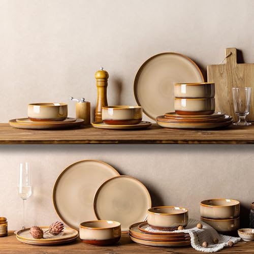 Image of TheTerra Ceramic Dinnerware Sets for 8, 24 Pieces Handmade Reactive Glaze Plates and Bowls Set, Scratch Resistant Dish Set, Oven & Microwave & Dishwasher Safe, Creamy Amber