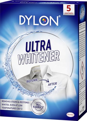 Dylon Ultra Whitener, Whitens and Revives White Laundry, Removes Stains, for all Fabrics - Pack of 5 Sachets