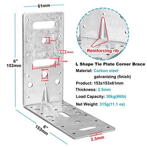 Eoere 6 Pieces 6 Inch Steel L Right Angle Bracket Tie Plate Metal Joint Thickness 2.5Mm Reinforcing Rib Strengthen Corner Brace For Timber Shelves Connector thumb #1