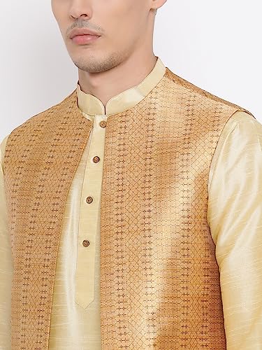 Image of VASTRAMAY Men's Beige Cotton Silk Blend Kurta, Ethnic Jacket and Pyjama Set