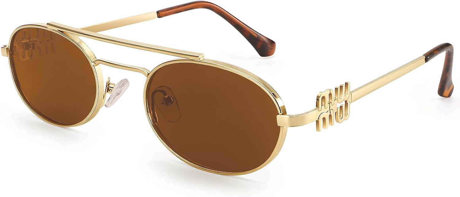 Dollger Retro Oval Sunglasses for Women Double Bridge Trendy Gold Frame Small 90s Designer Shades Sunglasses