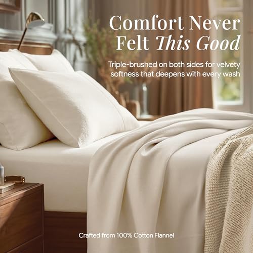 Image of Tribeca Living King Cotton Flannel Flat Sheet Only 170-GSM - Oversized 112 x 106 Inch Dimensions for Generous Bed Coverage - Soft Breathable Bedding in Ivory