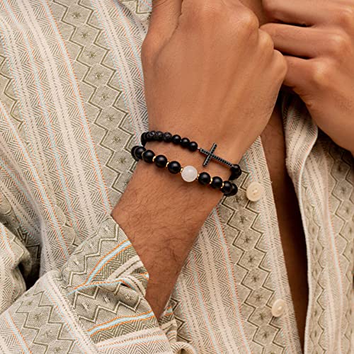 Karma And Luck - Rooted Faith - Men's Real Matte Onyx Lava Stone Cross Charm Stretch Beaded Bracelet With Elegant Hamsa Amulet To Protect You Handmade In The Far East #TOP1