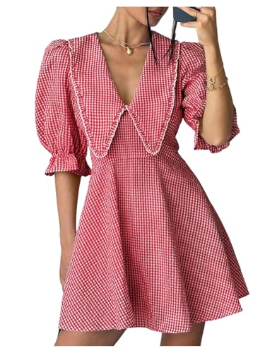 Floerns Women's Gingham Print V Neck A Line Dress Puff Sleeve Flare Hem Short Dresses