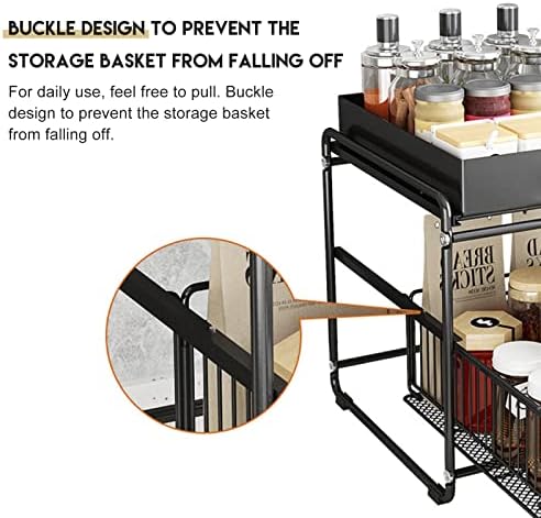 SEEZSSA Under Sink Organiser, 2 Tier Storage Shelf with Slide Out Basket Drawer, Anti-Slip Feet, Stainless Steel Multi-Purpose Under Cabinet Slim Organizer for Kitchen Bathroom Cosmetics, Black