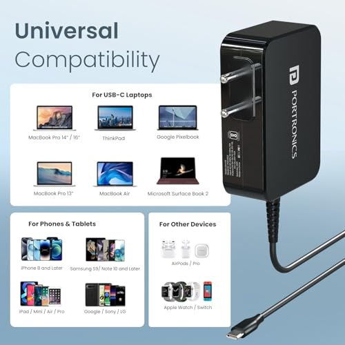 Image of Portronics 90W Zion 90 PD Fast Charging Laptop Adaptor with in Built Type C Cable, PPS Technology, 1.5m Cable Length, Compatible with Laptops, Smartphones, Tablets, MacBooks, iPads (Black)