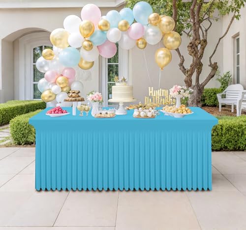 Image of Smiry Spandex Elastic Fitted Table Cloth Skirt for 6FT Rectangle Table | Stretch Washable Table Cloth, Banquet Table Cover for Wedding, Party, Indoor & Trade Shows, (Blue Mist, 72Lx30Wx30H)