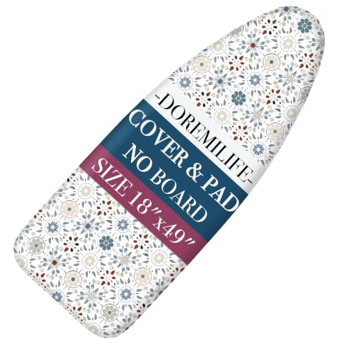 Image of Ironing Board Cover and Pad 18x49 Large, Extra Thick Natural Cotton, Silicone Coated, Scorch Resistant, Elastic Edge with Hook Loop Strap, Wide Iron Board Padding, Heatproof Boho