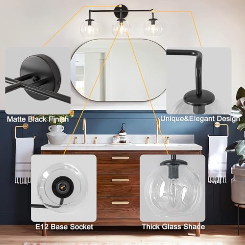 Image of Industrial Vanity Light Fixture, 3-Light Matte Black Farmhouse Globe Glass Bathroom Wall Sconce Lighting, E12 Base