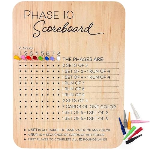 Phase 10 Score Board - 2025 Phase 10 Scoreboard Game Phase 10 Card Game Wooden Made with 8 Colored Pegs Phase 10 Scoreboard Round Tracker Board Card Games Night Table Score for Families Adults