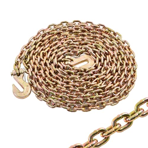 BIGREAT Heavy Duty G80 Transport Binder Chain 1/4 Inch x 16 Feet Tow Chain with G70 Clevis Grab Hooks 3300 lbs Safe Working Load Logging Chain for Transporting Towing(1/4 x 16FT Yellow).
