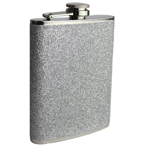 8oz Hip Flask – Plain Glitter Finish – Stainless Steel Whisky Flask – Leakproof Portable Liquor Bottle for Travel, Parties & Gifting (Silver Glitter)