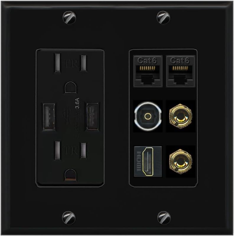 RiteAV 1 Speaker 2 Banana Binding Post Wall Plate 2 Cat6 1 x Toslink Optical and HDMI - USB Outlet [Black/Black]