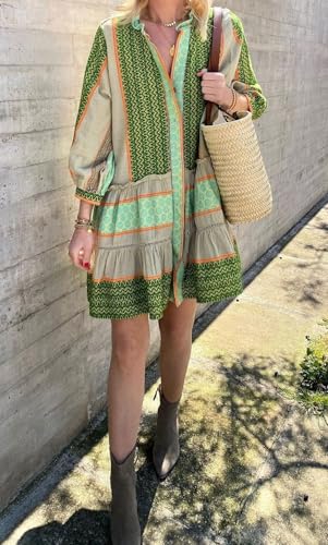 CHARTOU Summer Casual Short Dress for Women 3/4 Sleeve Green Floral Boho Tunic Shirt Dress3