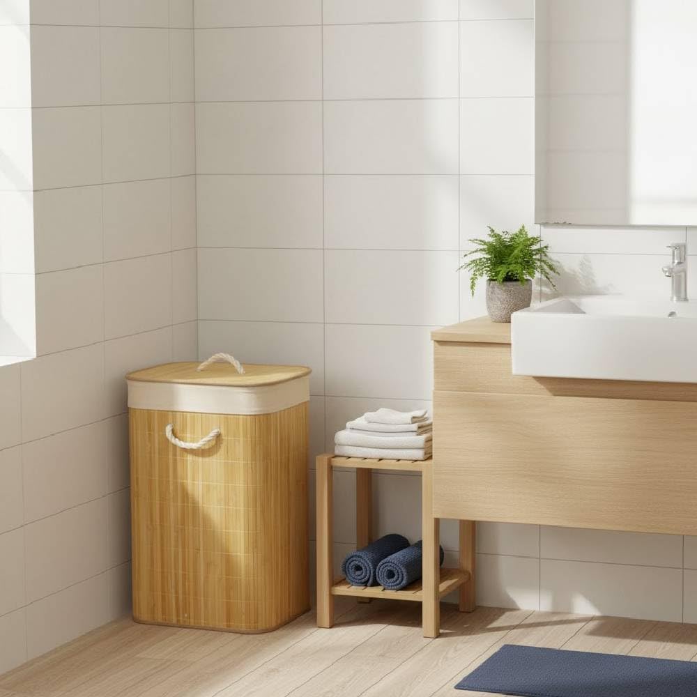 Amazon｜ランドリーバスケット 洗濯カゴ 蓋付き 45L 大人3～4人分 竹