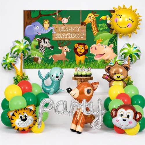 Image of Rozi Decoration Jungle Safari Birthday Decoration Kit, Pack of 49 Pcs Animal Theme Party Supplies with Birthday Banner for Kids Birthday Party