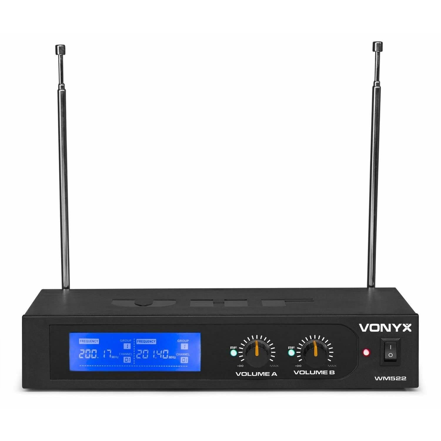 Vonyx WM522B - Mikrofon Empfänger mit 2 drahtlosen VHF-Bodypacks mit Headset Mikrofone, Mikrofonset, VHF Mikrofon für Shows, Entertainer, Moderation, Vorlesung, Professoren, Lehrer, Kopfmikrofon