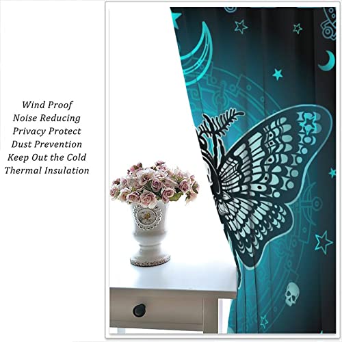 Death Moth Curtains Boho Gothic Skull Bohemian Window Curtains Fantasy Magic Blue Black Bathroom Curtains Painting Art Curtains 42X45In #TOP4