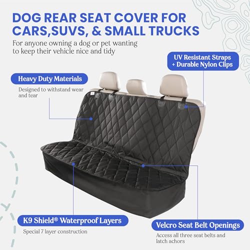 4Knines Back Seat Pet Cover for Dogs w/o Hammock – 54' Wide, Waterproof Car Seat Cover, Non-Slip, Heavy-Duty – Fits Cars, SUVs, Small Trucks – 2 Seat Belt & Latch Access – Back Seat Protector (Black)