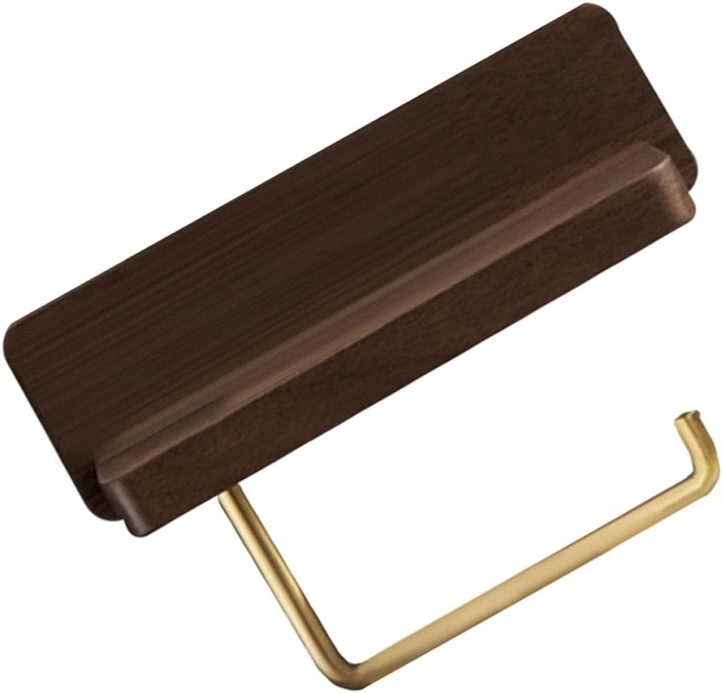 Alipis Solid Wood Toilet Paper Holder with Brass, Punch-Free Walnut Bathroom Tissue Dispenser Rack for Wall Mount, Single Roll Bathroom Paper Holder