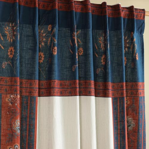 Image of Peepul Tree Handprinted Floral Striped Ornamental Door Curtain in Ivory Maroon and Navy Blue | 7 Feet | Pack of 1| Back Loop Curtain | 70% Light Blocking | Semi Blackout| Breathable Drapes