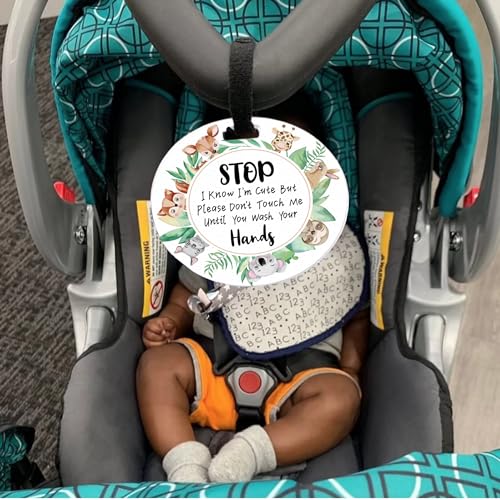 Image of 2 Pack Animals Do Not Touch Signs Stroller Tag Greenery No Touching Car Seat Signs Watercolour Stop Touching Safety Sign Wash Your Hands Carseat Tags for Carriage Stroller Backpacks