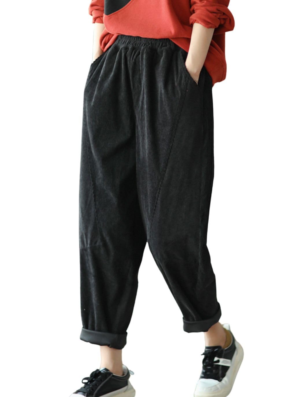 chouyatou Womens Fall Winter Loose Corduroy Pants Elastic High Waisted Straight Leg Trouser with Pockets