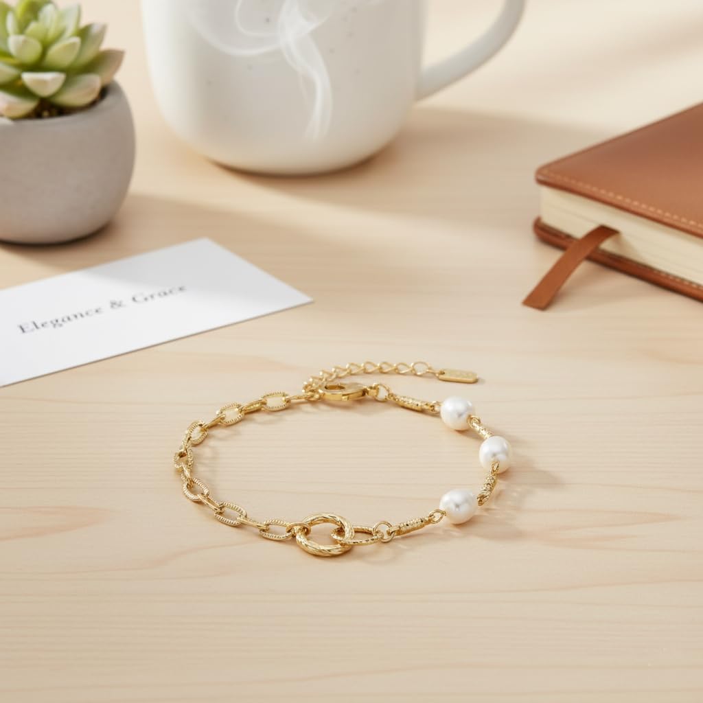 14K Gold Charm Bracelet Plated Pearl Bracelet for Women Chain Cute Bracelets Dainty Adjustable Colorfast Bracelet Elegant Jewelry Gift for Her - Image 6