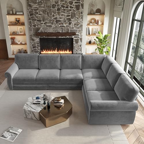 Image of KEIKI 118 inch Convertible Sofa Bed L-Shaped Sectional, King Sleeper Bed Sofa with Rolled Arm and Nailhead Trim, Chenille Upholstered Chesterfield Sofa, Light Gray