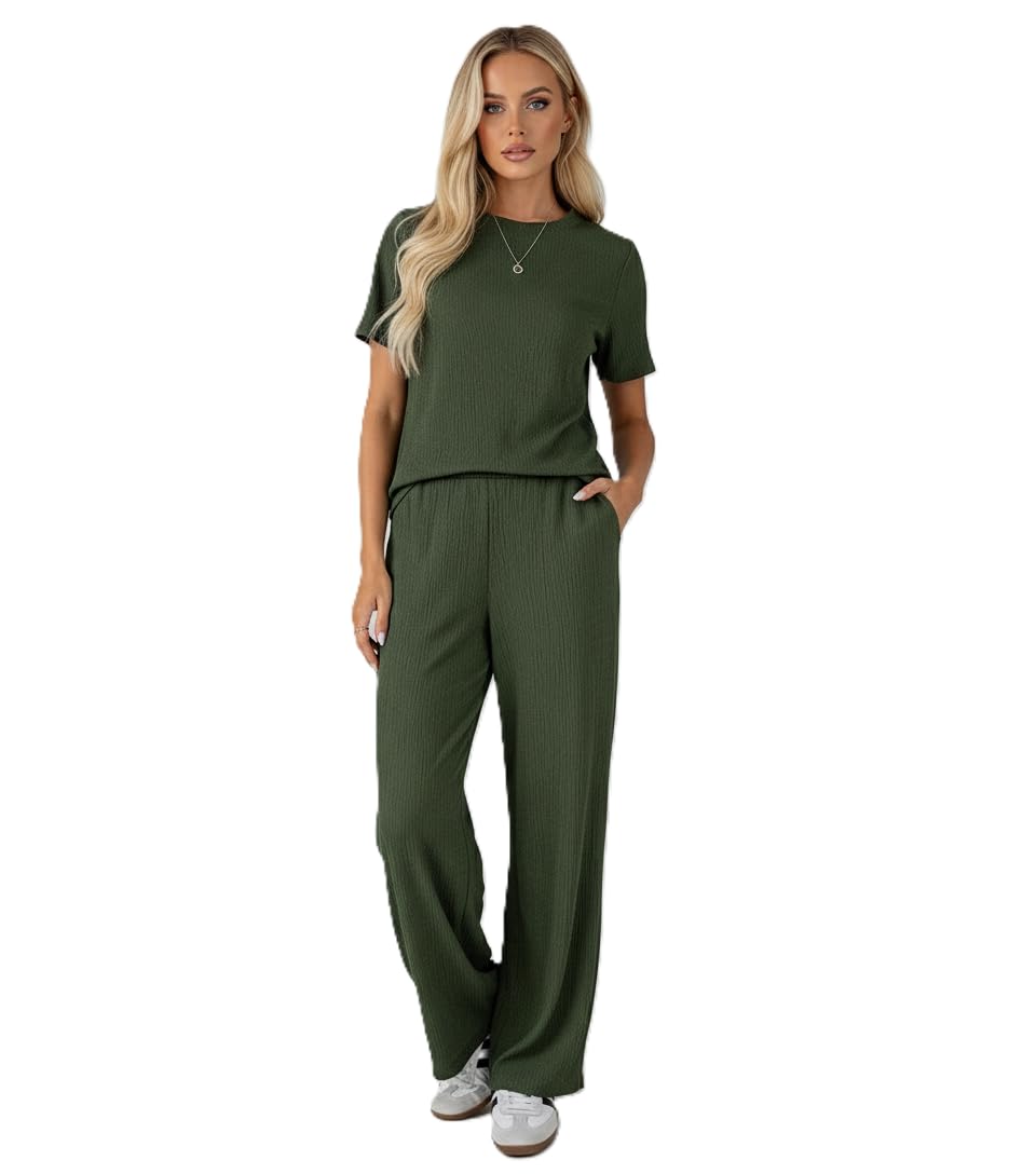 Women’s Ribbed Knit Short Sleeve Top and Wide Leg Pants Two Piece Lounge Set Casual Loose Fit Outfit with Elastic Waist for Travel, Vacation, and Everyday Wear.-image-45
