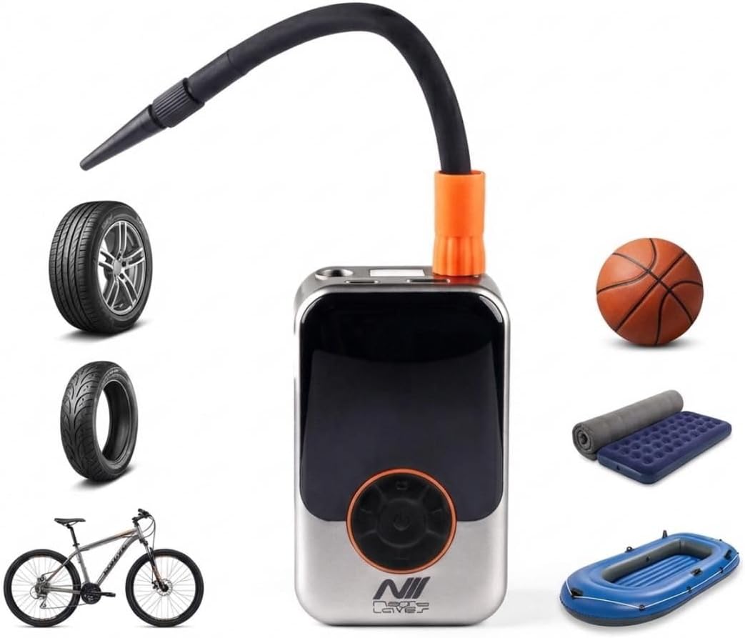 Nextwaves Portable Tire Inflator – Electric Mini Air Pump with Digital Display & Auto Shut-Off, 150 PSI Rechargeable Air Compressor for Car, Bike, Motorcycle & Balls – LED Light & Multi Nozzle Kit