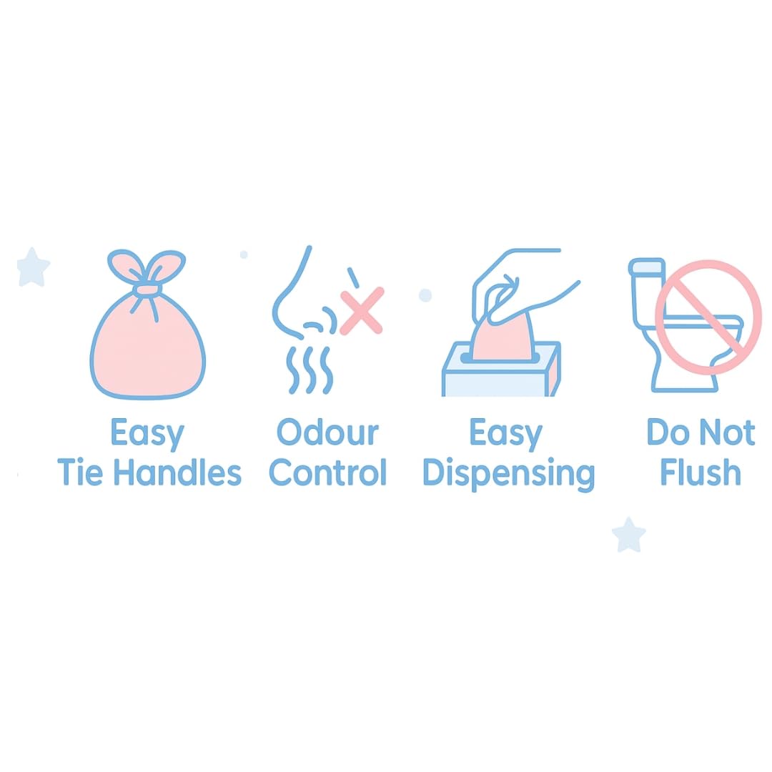 300 PACK Fragranced Nappy Bags 1 with Tie Handles (2 X 150 PACK), 150 count (Pack of 2) - Image 4