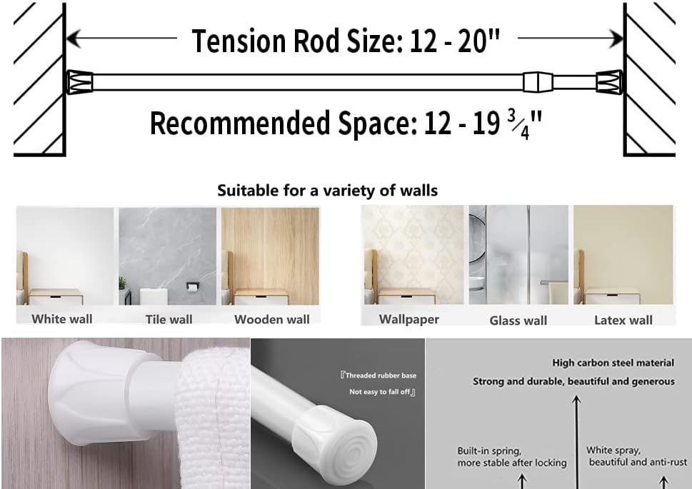 Blu-Pier Tech Small Spring Tension Window Curtain Rods, 12 to 20-Inch Adjustable Spring Tension Rod - White, 2 Rods per Pack