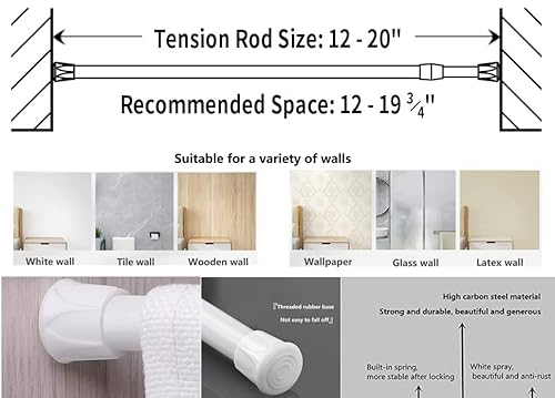 Blu-Pier Tech Small Spring Tension Window Curtain Rods, 12 To 20-Inch Adjustable Spring Tension Rod - White, 2 Rods Per Pack #TOP2