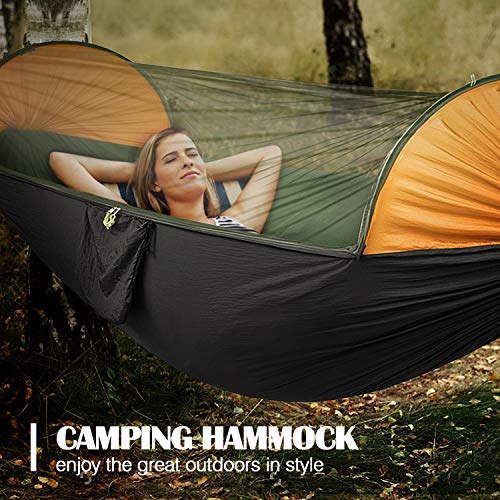 MoKo Hamac de Camping avec Filet, 2 en 1 Hamac Suspendu Grand Hamacs en Nylon, Hamac de Balançoire Portable Léger pour Le Voyage Randonnée Sac à Dos Randonnée Jusqu'à 200kg - Orange & Noir