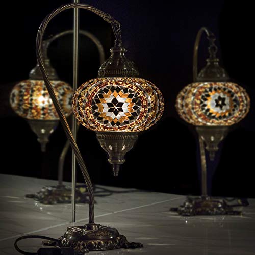 Turkish Lamp, Tiffany Lamp 2021 Mosaic Stained Glass Boho Moroccan Lantern Table Lamp, Swan Neck Handmade Desk Lighting Night Decor Light, Antique Color Body with US Plug & Socket by LaModaHome