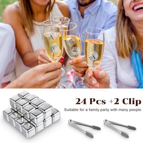 COMNICO 24 Pack Stainless Steel Ice Cubes, Reusable Metal Whiskey Stones High Cooling Chilling Rocks with Ice Tongs & Freezer Storage Box for Drinking Vodka Liqueurs Wine Beverage Juice Soda