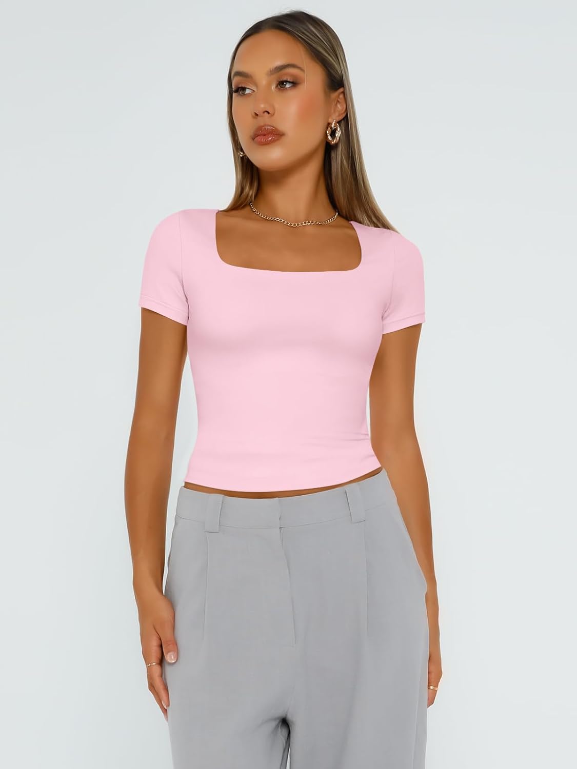 Trendy Queen Double Lined Tops for Women Square Neck Cute Going Out Short Sleeve Shirts Spring Summer Crop Tops Teens Tees - Image 2