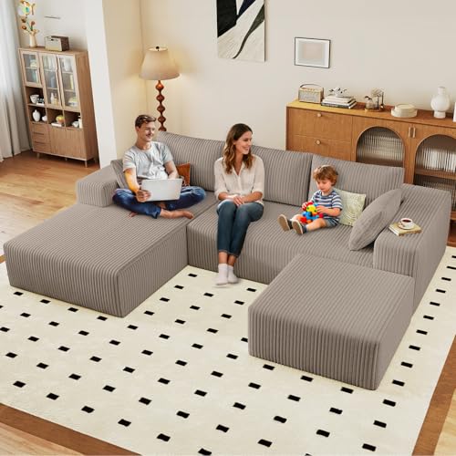 Image of 96 inch U-Shape Cloud Couch, Modern Modular Sectional L-Shape Sofa with Ottoman, Corduroy Upholstered Couches Deep Seat Chaise Longue for Living Room, No Assembly Required(Camel, Left Facing)