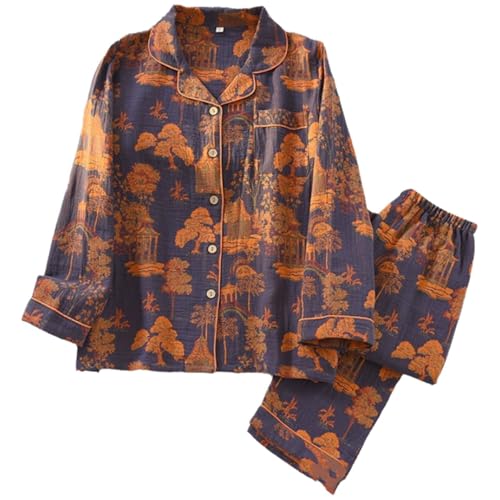 Image of Vintage Leaf Cotton Lapel Loungewear Set, Ginkgo Leaf Button Colorful Floral Pure Pajama, Women's Fashion Sleepwear