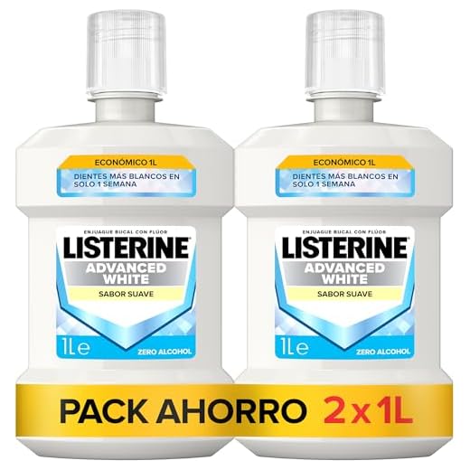 Listerine Advanced White Sabor Suave (pack de 2 x 1L), enjuague bucal blanqueador, colutorio bucal blanqueador sin alcohol, elixir bucal para una limpieza bucal óptima