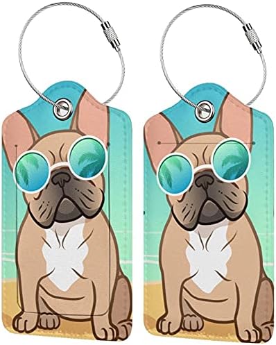 Cute French Bull Dog Luggage Tags Set of 2 Leather Stainless Steel Loop Label Tag for Travel Bag Suitcase