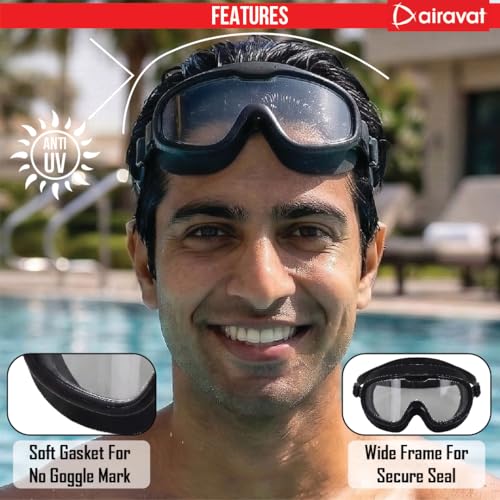 Image of AIRAVAT Shore swimming goggles, polycarbonate goggles, No Leaking Anti-Fog Pool Goggles for Adult Men Women Youth, UV Protection, 180 Clear Vision, Free size (Black Combo)