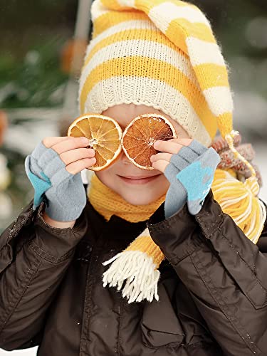 SATINIOR 2 Pairs Winter Kids Fingerless Gloves Toddler Finger Mittens Knit Convertible Half Finger Mitten Flap Aged 3-10(Mud Yellow, Light Blue,Dinosaur)2