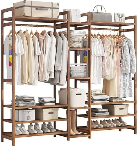 Floor-Standing Solid Wood Rotating Coat Rack，Bamboo Clothes Rack Stand with Hanging Rod 2 Shelves and Hooks Freestanding Coat Garment for Bedroom Hallway Natural Wood Storage Solution