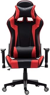L&T Oficina Silla Gaming Reposapies Adultos,Giratoria Silla Oficina Reposabrazos Niños,Ergonómico Cuero De Carreras Silla Soporte Lumbar-Rojo Pies De Acero